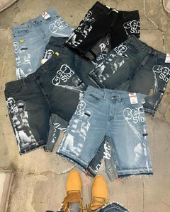 New Arrival Customized Men Zipper Fly Loose Fit 100%Cotton Heavyweight Denim Pants Baggy Jeans Jorts Shorts
