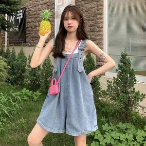 High Waist Rolled-up Denim Overalls Shorts for Women Salty Sweet Wide-Leg Loose Student Jumpsuit