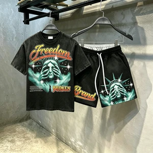 Custom Vintage Washed Freedom Statue Graphic T Shirt Shorts Set Men's Oversized Streetwear Acid Wash Summer 2 Piece Outfit