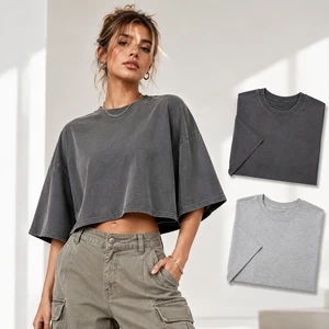Oversized Cropped T Shirt Women Loose Fit Drop Shoulder Short Sleeve Casual Streetwear Blank Tee Cotton Blend Top