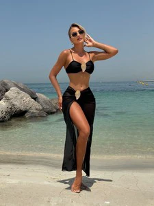 Vintage White Swimsuit Women Metal Oyster Buckle Push up Mesh Long Skirt 3 Pieces Bikini Set 2025 Holiday Bathing Suit Swimwear