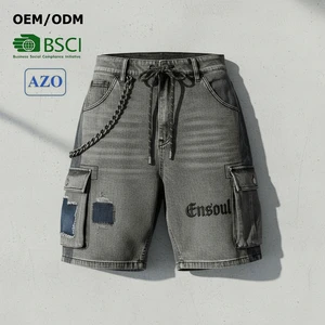 Premium Embroidered Denim Men's Shorts Heavy-Duty Metal Chain Accent Vintage Washed Distressed Patchwork for Streetwear Brands