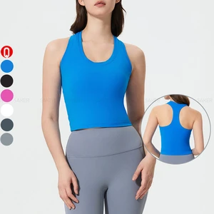 Custom Logo Scoop Neck Yoga Top High Quality Women Running Shockproof Racerback Push up Gym Fitness Tank Top