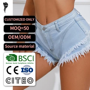 OEM Women's High-Waisted Denim Shorts Hot Selling Summer Casual Sexy Ripped Design Straight Style Woven Weaving Method Washed
