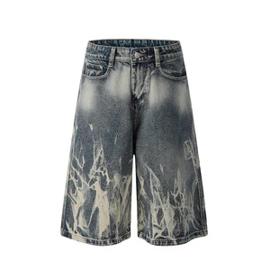 2026 New Design Custom High-quality Y2K Fashionable Men's Streetwear Blue Wash Punk Tie-Dye_Loose Cotton Denim Shorts