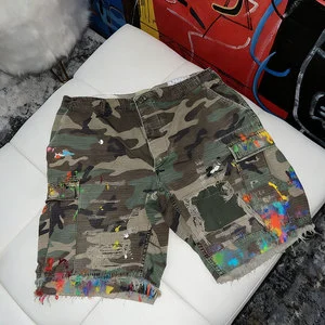 Custom Camouflage Distressed Print Jeans Street Style Men's Colorful Washed Denim Shorts Logo Optional