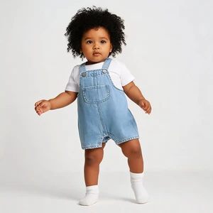 Baby 100% Cotton Denim Short Overalls Romper Sleeveless Suspender Onesie With Snap Buttons Soft Casual Spring/Summer Outfit