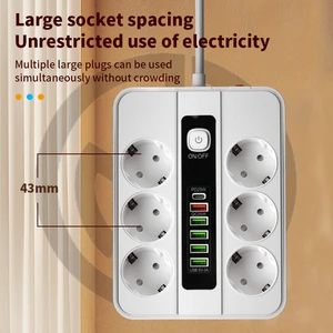 Schuko Extension Socket PD QC Fast Charging Master Switch Child Safety Door Fireproof EU Power Strip For Home Office