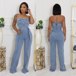 New Arrivals Fashion Boutique 2025 Strapless S-2XL Cotton Denim Jeans Stretchy Jumpsuit