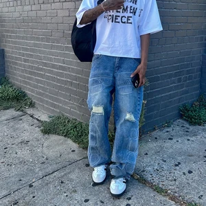 Men's Jeans Vintage Washed Blue Mid Waist Casual Wide Leg Long Pants Denim Fabric Hip Hop