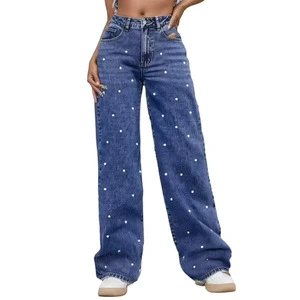 Women's Baggy Denim Jeans High-Rise Loose-Fit Straight Trousers with All-Over Pearl Rhinestone Decoration