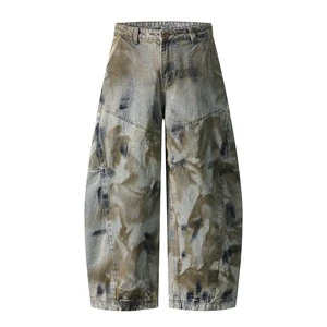 American Denim Casual Mid Breathable Dirty Wash Wide Leg Pants Fashion Fit Loose Jeans Distressed Design Vintage New Trend