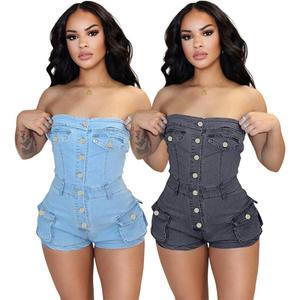 Summer New Women's Shorts Denim Jumpsuit Solid Color Sexy Women's Jean Overall Shorts