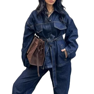 European American Style INS Retro Solid Casual Waist Strap Lapel Denim Suit 2-Piece Long Set with Belt Washed Can Be Customized