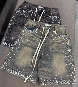 TOPSHOW Denim Manufacturer Streetwear Custom Vintage Wash Jorts Men Jeans Shorts with Rhinestones Denim Shorts