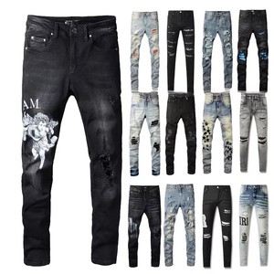 202Wholesale High Quality Cotton Streetwear Distressed Wash Straight Style Stonewashed Amiiry Denim Trousers Pants Men's Jeans