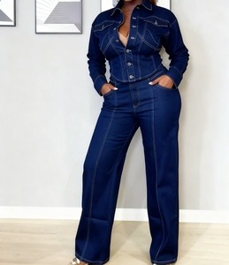 Private Label Clothing Women's New Arrival Collared Long-Sleeve Jacket & Wide-Leg Jeans 2-Piece Denim Set Sehe Fashion