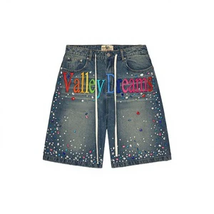 Men's Denim Shorts Vintage Summer Low-rise Washed Cat-whisker-embroidered Denim Shorts Distressed Loose-fit Straight-leg