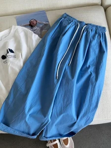 Women's Summer Blue Casual Pants High-Waisted Ankle-Length Wide-Leg Comfort