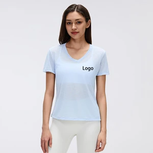 Summer Stylish Thin and Soft Breathable Yoga Tops Fashionable V-neck Mesh High Quality Crop Tops for Women Short Sleeve