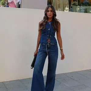 New Fashion Women's 2 Piece Denim Set Sleeveless Button Down Vest Top and High Waisted Wide Leg Jeans Casual Suit
