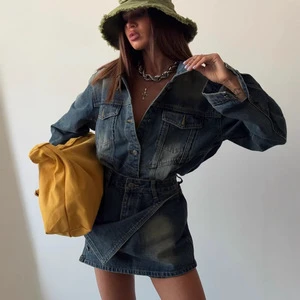 Long-sleeved Denim Suit Women's New Retro Hong Kong-style Washed Cardigan American-style Skirt Two-piece Bdbh Best-selling Model