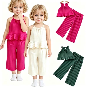 Sweet Toddler Girls 2-Piece Sleeveless Set Ribbed Polyester Casual Solid Spring Autumn Breathable Tank Top & Shorts Set