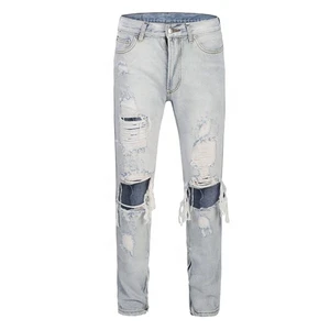 2024 Men's High Quality Mid Waist Denim Biker Trousers High Street Straight Stretchy Streetwear Distressed Print Pattern OEM