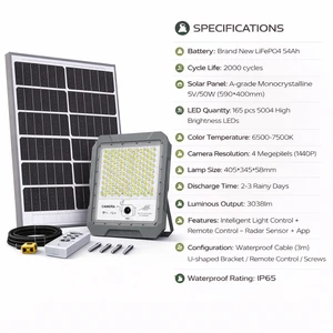 Solar Security Light Camera Aluminum Spotlight IP65 Waterproof 800W 6500-7500K 3038lm MJ-BW800C Outdoor Light Landscape Road