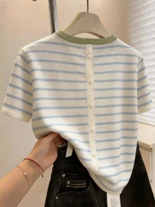 Plus-size Womens Hand-woven Thin Ice-silk Striped Short-sleeve Knit Top Summer 2026 Design Back-button Detailing Relaxed Fit