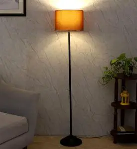 Modern Iron Floor Lamp with Yellow Fabric Drum Shade Warm White LED Light for Living Room Residential Use