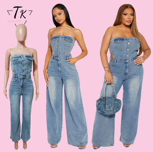 Think Strapless High-Waisted Denim Jumpsuit Women's Sleeveless Slim Fit Plus Size Wide-leg Summer Vintage