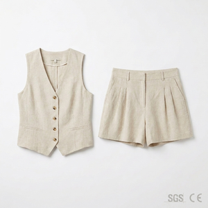 Linen Blend Casual Vest Shorts Set Women Vacation Two Piece Co-ords V Neck Button Waistcoat High Waisted Above Knee Shorts