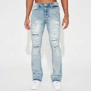 OEM/ODM Men Ripped Flare Jeans Distressed Patchwork Denim Pants Slim Fit Bootcut Light Blue Vintage Male Bottoms Trousers