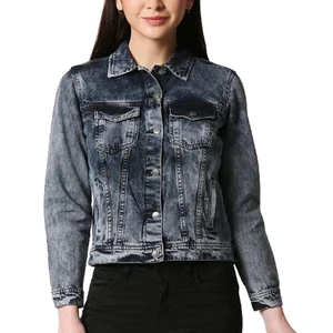 New Design Women Denim Jacket Breathable Printed Canvas Sheep Skin Long Sleeves Windproof High Street Custom