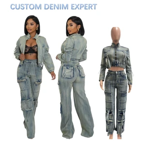 Washed Blue Gray Women's Denim Pants And Jacket Set Spring Fall Clothing Boutique Two-piece Jean Outfit For Woman