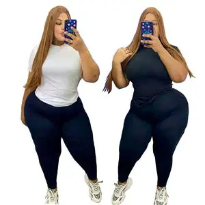 JB2964 Plus Size Fashion Leisure Suit Summer Commuter Offset Printing Belt 2-Piece Set Spandex/Polyester 2 Colors