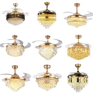 Wholesale 42-inch Gold Deluxe Acrylic Retractable DC Remote Control Invisible Crystal Chandelier Fan Lamp Ceiling Light With Fan