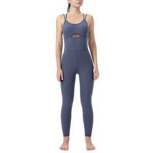 Solid Navy Blue Seamless Yoga Jumpsuit High Waist Full Length Spaghetti Strap Cut-Out Mesh Activewear Women's Fitness Wear