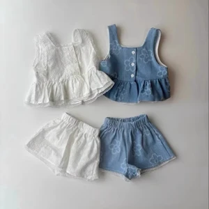 2025 New Style Summer Girl's Floral Color New Pure Thin Comfortable Sleeveless Denim Tops Shorts Korean Version Two-Piece Set