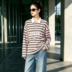 LTD-MTL1026 Rugby Long Sleeve T-Shirt Striped Top Chest Logo Print Relaxed Fit Women Custom Streetwear Supplier