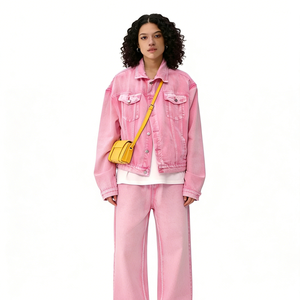 Custom Jeans Set Distressed Light Pink Two Piece Denim Set for Women's Washed Denim Jacket Set
