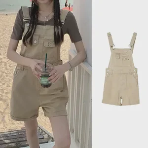 Women Cargo Overalls Shorts Summer Thin Ladies Casual Suspender Jumpsuits Solid Color Female Denim Rompers Sleeveless Playsuits