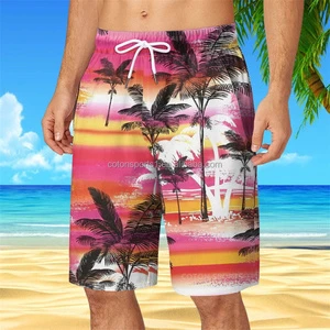 Men's Lightweight Quick Dry Swim Trunk Shorts Fashionable Palm Print Beach Bermuda Nonwoven Weaving Wholesale