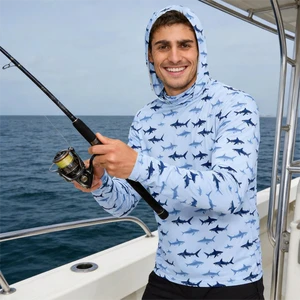Custom Wholesale Blue Camouflage Long Sleeve UV UPF50+ Mens Sun Protection Clothing UV Quick Dry Fishing Wear With Hood