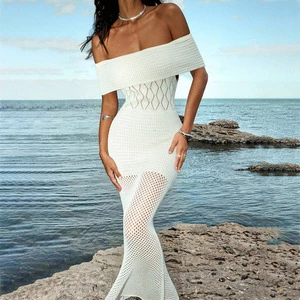 2026 Cover-ups Beach Dress Beach Wear Beachwear Female Women Off Shoulder Solid Hollow Out Crochet Knitted Tunic Beach Cover up