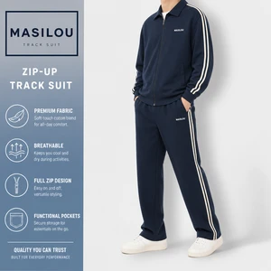 Men 220g 100% Cotton Autumn Woven Tracksuit 3 Striped Zipper Jacket Sweatpants Set Custom Logo ODM Casual Sports Jogger Suit