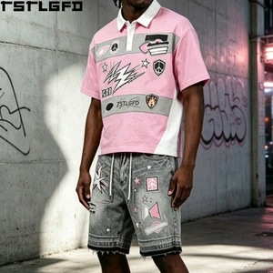 Custom Multi Patch Polo Shorts Set Pink Graphic Print Embroidery Distressed Denim Shorts Y2K Streetwear Wholesale Bulk