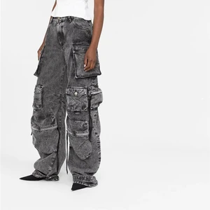 New Trendy Fall Wholesale Casual Washed Baggy Pocket Cargo Straight Trousers Jeans Ladies Streetwear Black Denim Women'S Jeans
