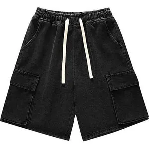 Custom Men Vintage Washed Denim Shorts Retro Fringe Drawstring Baggy Jeans Shorts Y2K Hip Hop Streetwear Jorts